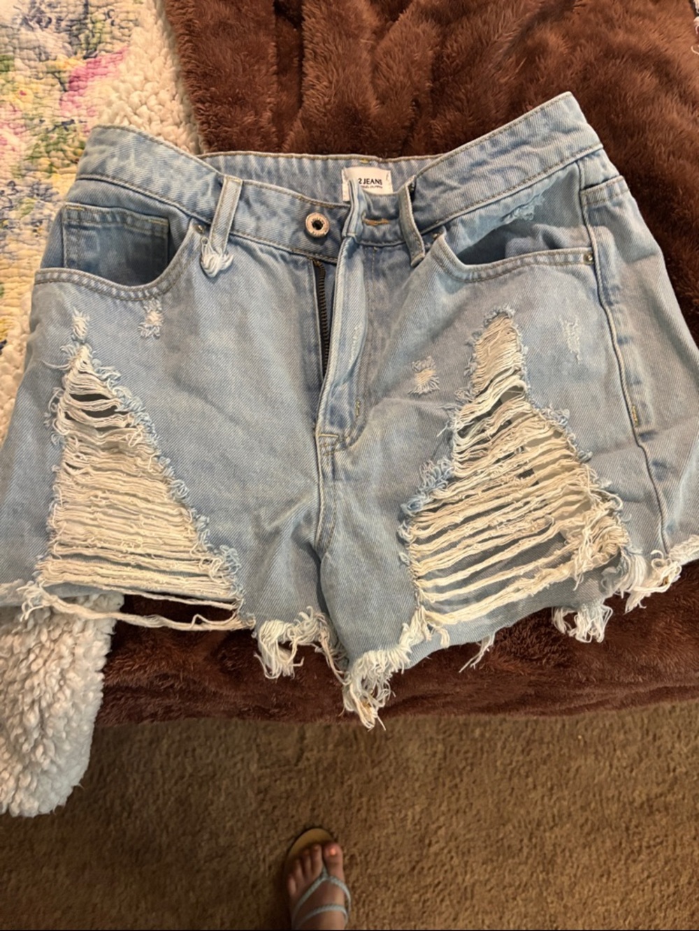 High-Rise Light Blue Distressed Denim Shorts - Women's